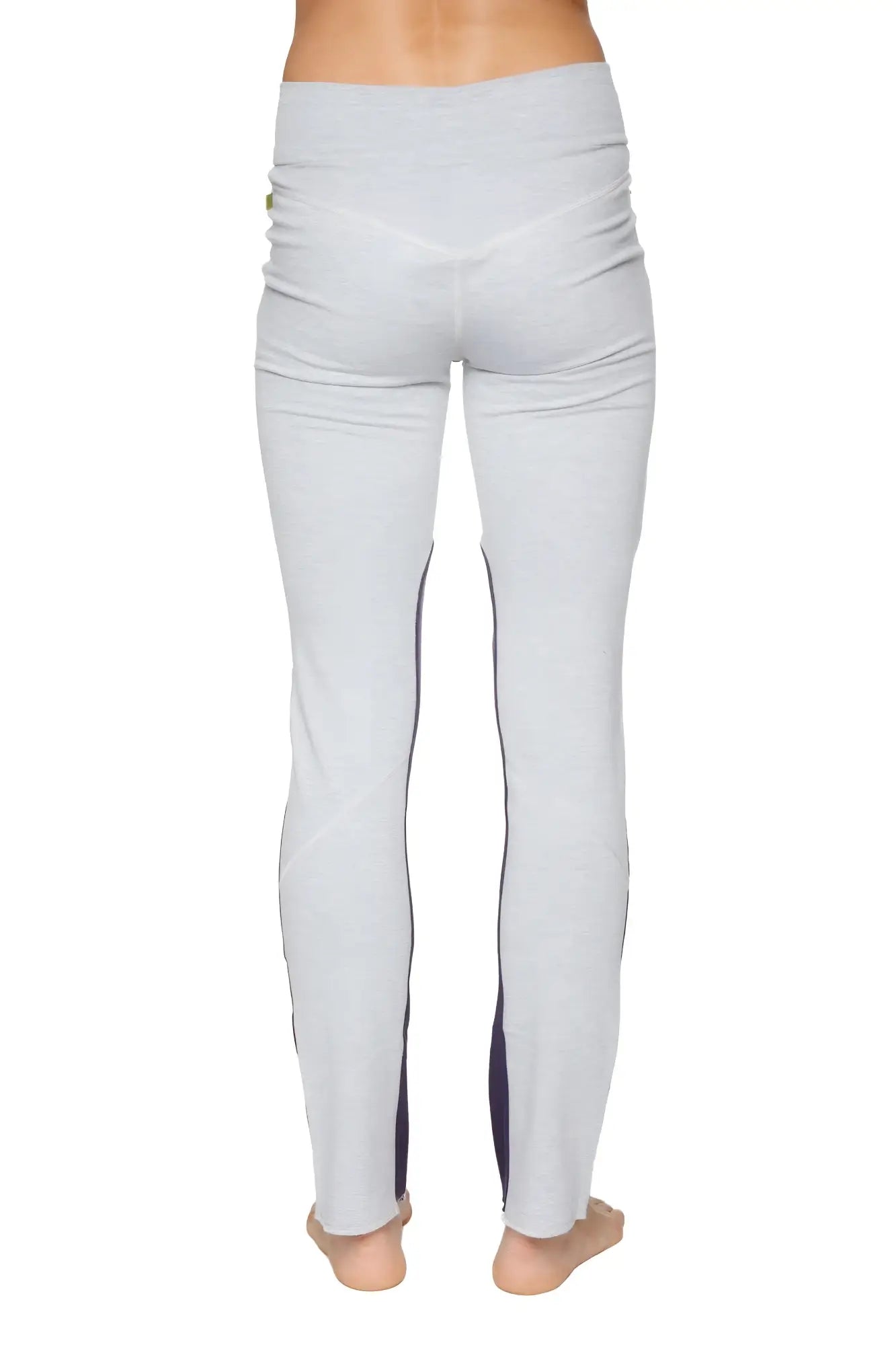 Women’s organic boyfriend yoga training pant with light gray high-waisted leggings and dark blue side panels