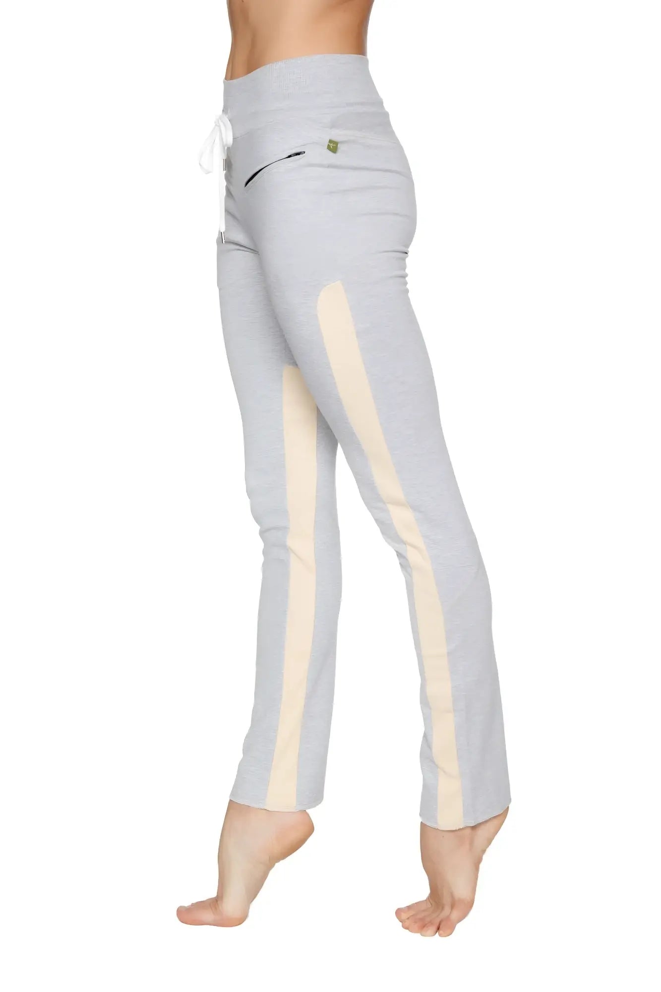 Women’s organic boyfriend yoga training pants in light gray with cream vertical stripes and white drawstring waistband