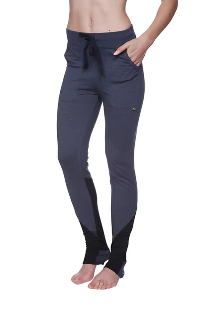 Women’s performance yoga pant in dark gray and black with drawstring waistband side pockets and contrasting thigh panels