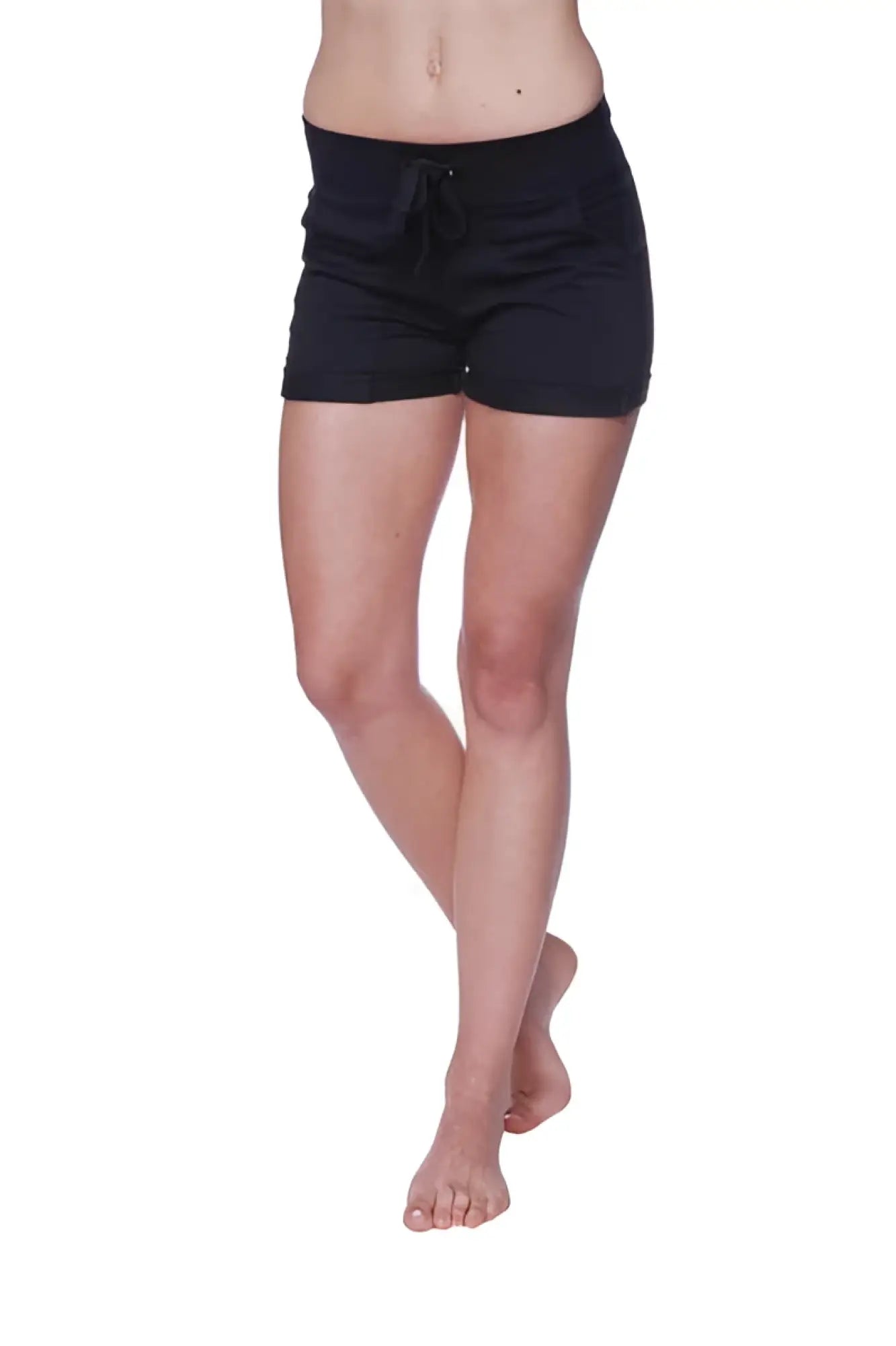 Women’s performance yoga shorts in black with a relaxed fit and side pockets for comfortable activewear use