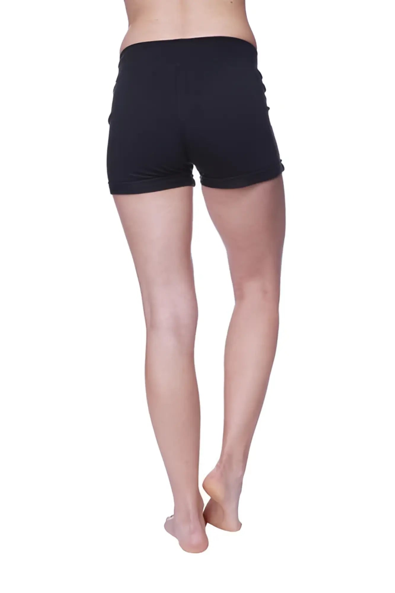 Black women’s performance yoga shorts with smooth fabric and elastic waistband designed for comfort and flexibility
