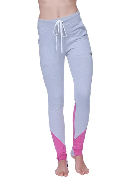 Women’s straight-leg long performance yoga pant in gray and pink with drawstring waistband for athletic use