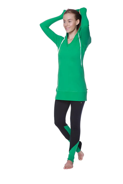 Green long-sleeved hoodie with white drawstrings and v-neckline paired with women’s straight-leg long performance yoga pant