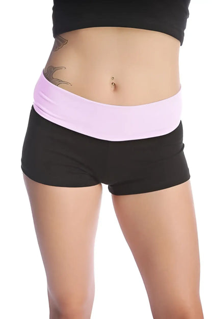 Womens yoga transition short in black athletic fabric with a light pink elastic waistband for comfort and style