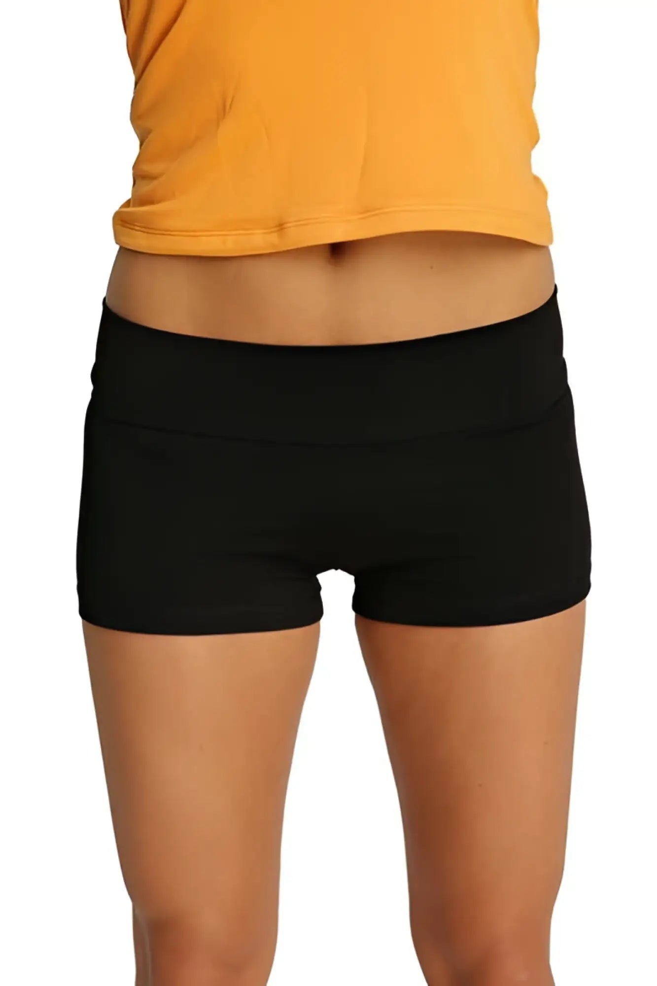 Womens yoga transition short in black with a wide elastic waistband and form-fitting design for flexible movement