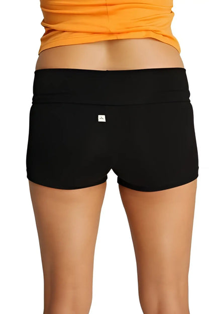 Womens yoga transition short black stretchy fabric with wide waistband and small white logo on the back side