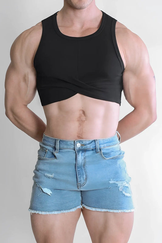 Black sleeveless wrapped up ribbed crop tank with round neckline and ribbed trim in soft fabric