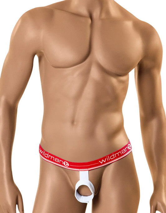 Red jockstrap with a white waistband featuring the WildmanT logo displayed on a male mannequin