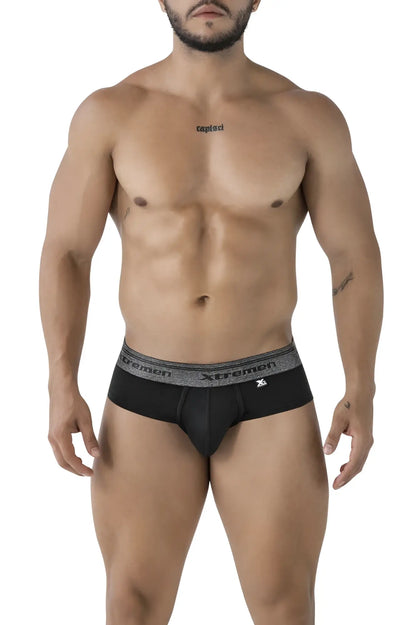 Black men’s cotton blend briefs with gray textured waistband featuring xtremen brand name and logo