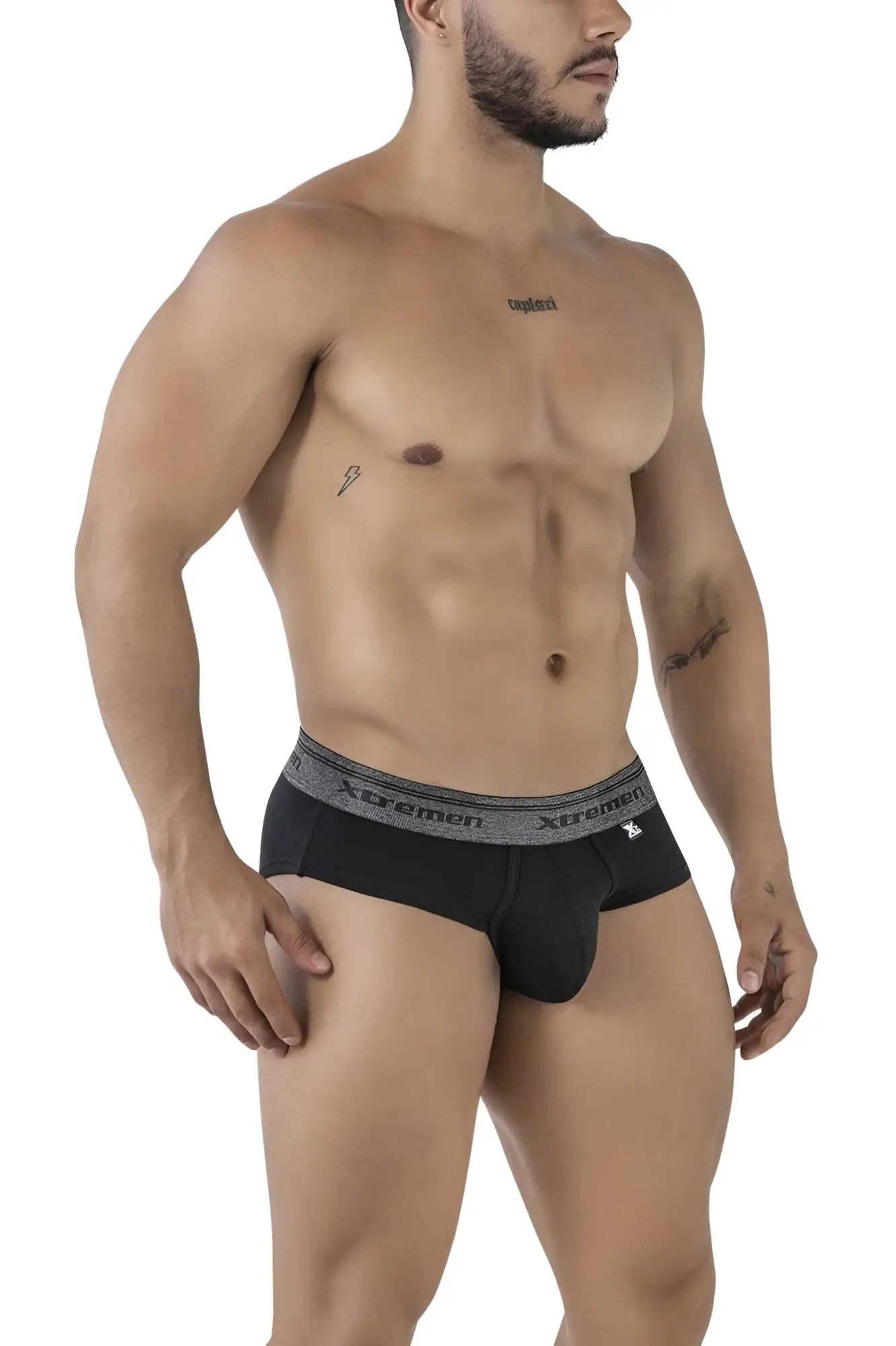 Black xtremen 41315 cotton blend briefs with gray elastic waistband featuring brand name and logo