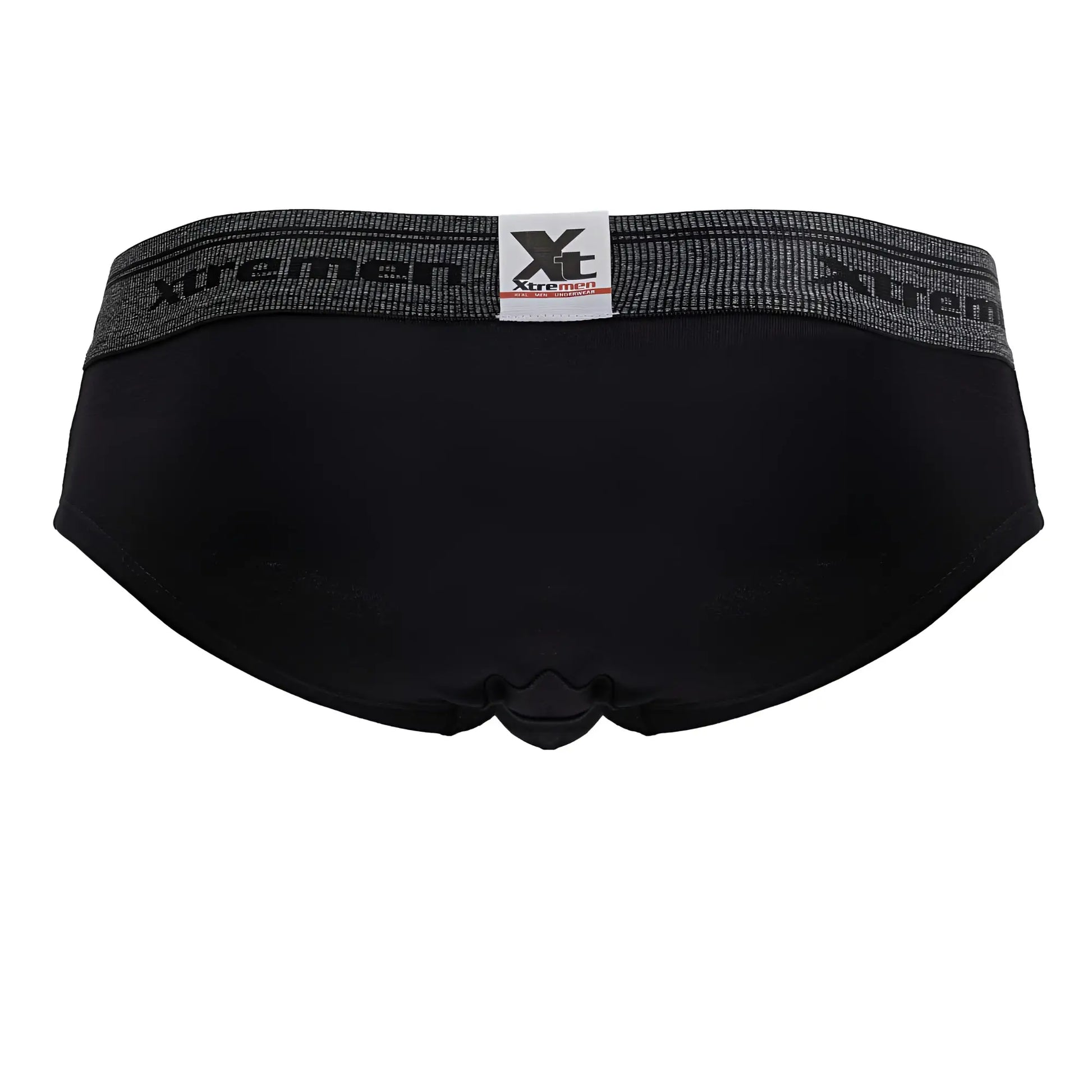 Black xtremen 41315 cotton blend men’s briefs with gray elastic waistband featuring the brand logo