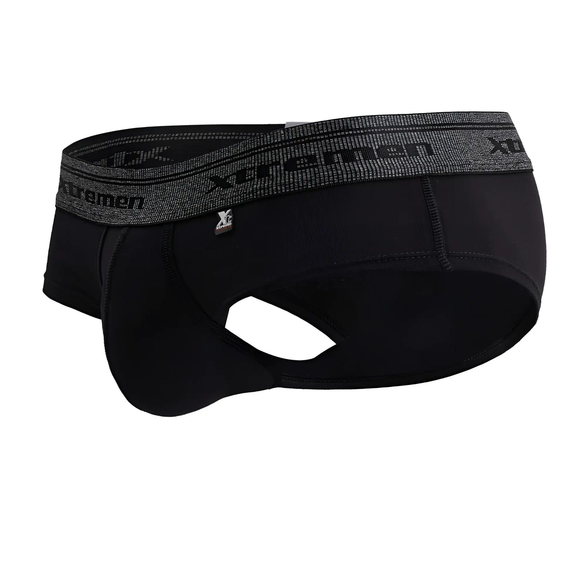 Black xtremen 41315 cotton blend men’s briefs with textured gray waistband featuring brand name and logo