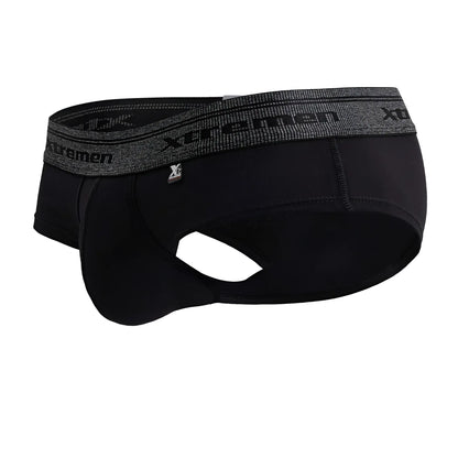 Black xtremen 41315 cotton blend men’s briefs with textured gray waistband featuring brand name and logo