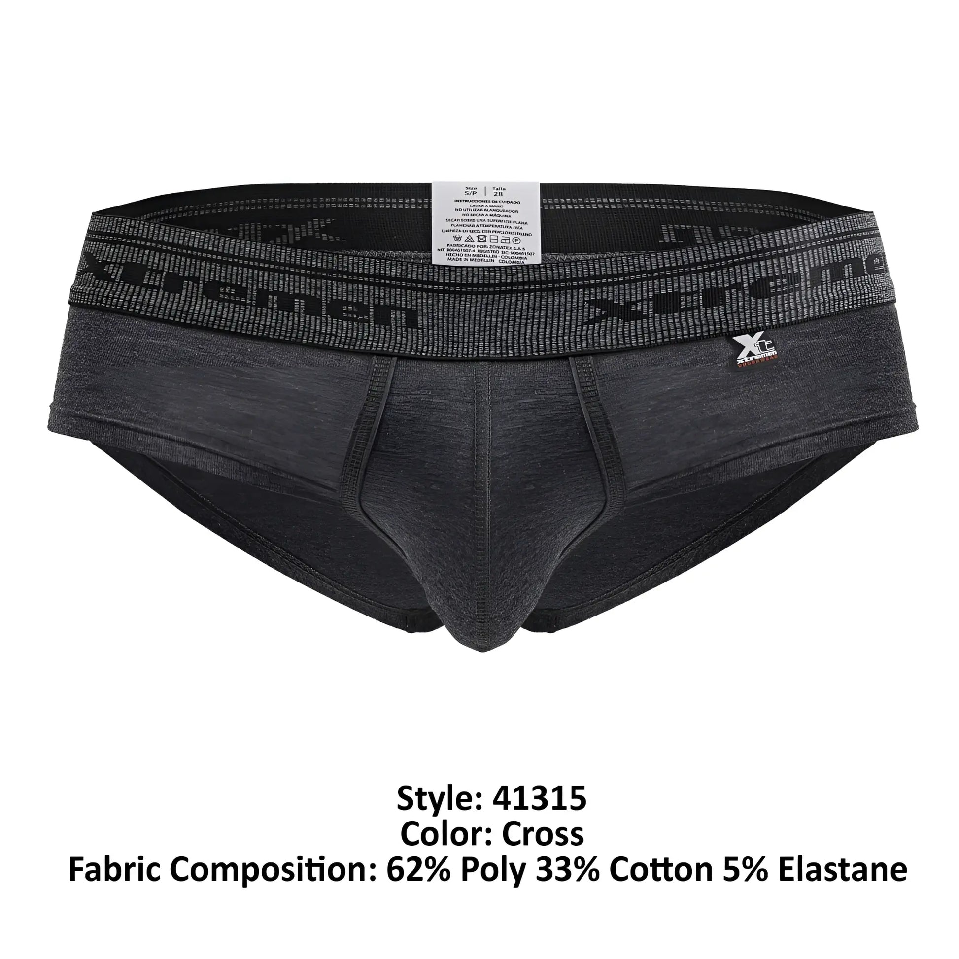 Dark gray heathered xtremen 41315 cotton blend men’s briefs with black elastic waistband and xp brand emblem on side