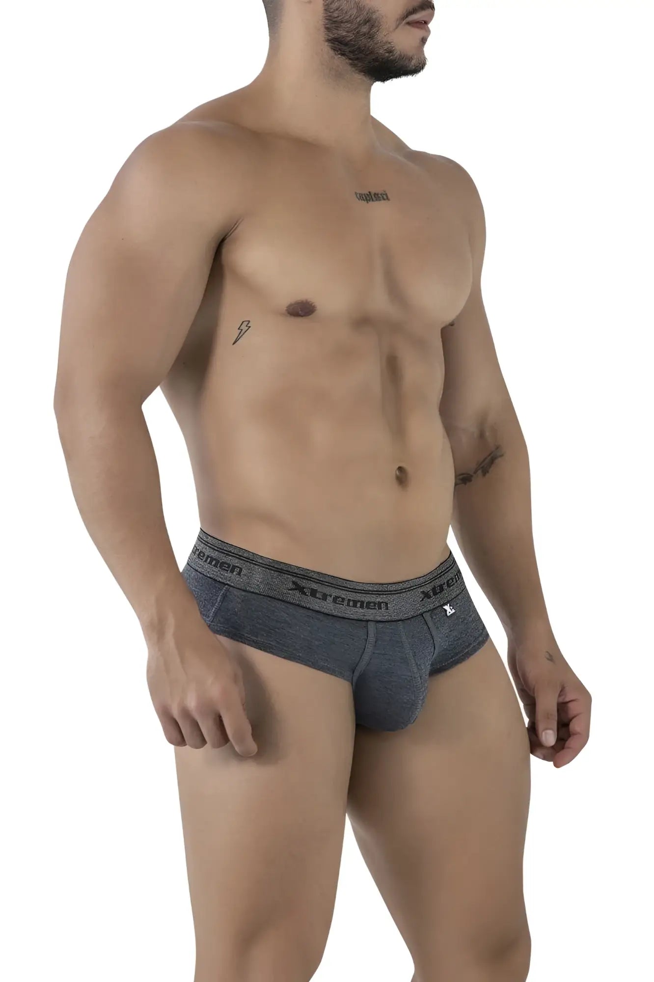 Gray heathered cotton blend briefs with a black xtremen logo waistband from the xtremen 41315 cotton blend briefs color cross collection