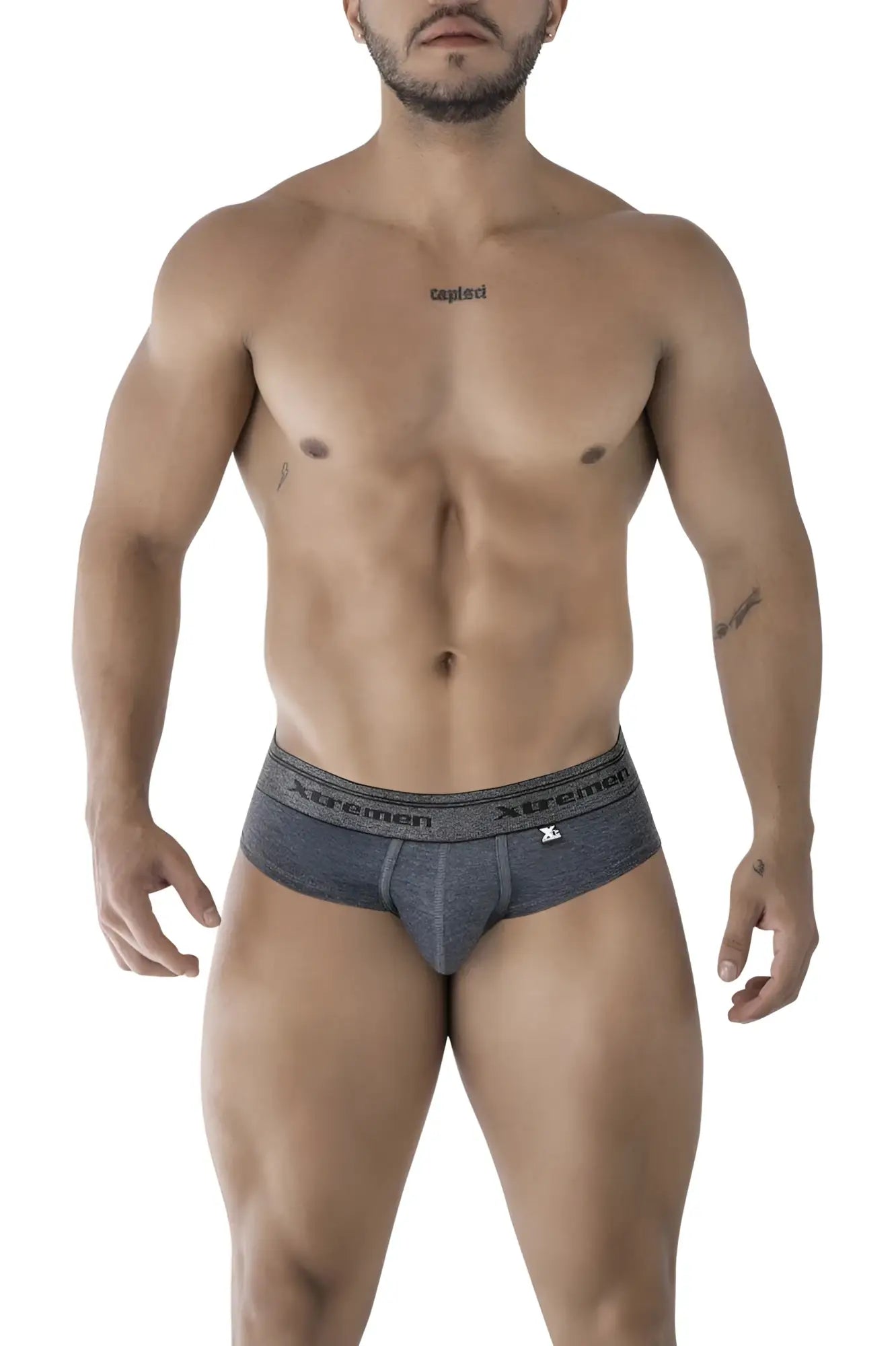 Gray textured men’s briefs with branded waistband xtremen 41315 cotton blend briefs color cross front view