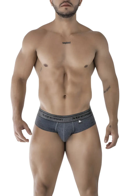 Gray textured men’s briefs with branded waistband xtremen 41315 cotton blend briefs color cross front view