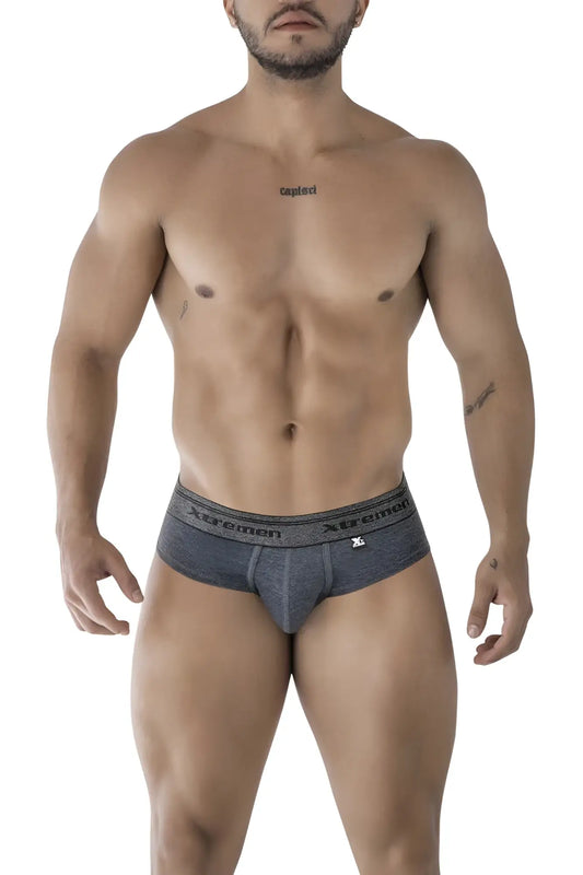 Gray textured men’s briefs with branded waistband xtremen 41315 cotton blend briefs color cross front view