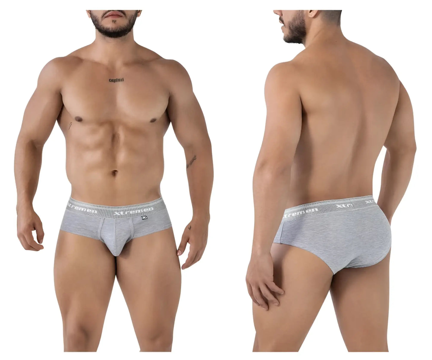 Gray heathered cotton blend briefs with a white xtreme logo elastic waistband in jasper gray color