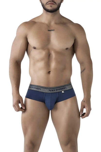 Navy blue Xtremen 41315 cotton blend men’s briefs with gray elastic waistband featuring brand name and logo