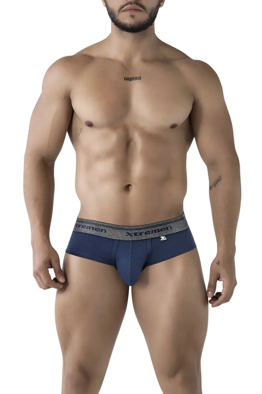 Navy blue Xtremen 41315 cotton blend men’s briefs with gray elastic waistband featuring brand name and logo