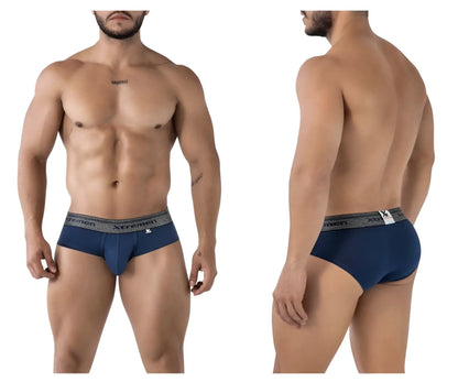 Navy xtremen 41315 cotton blend men’s briefs with gray elastic waistband and xl size tag visible in the front view