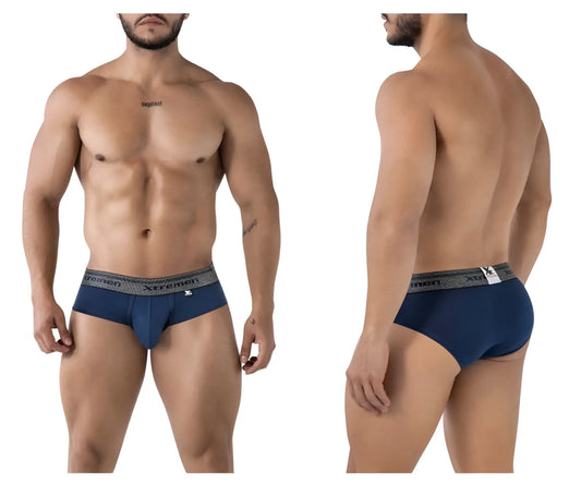 Navy xtremen 41315 cotton blend men’s briefs with gray elastic waistband and xl size tag visible in the front view