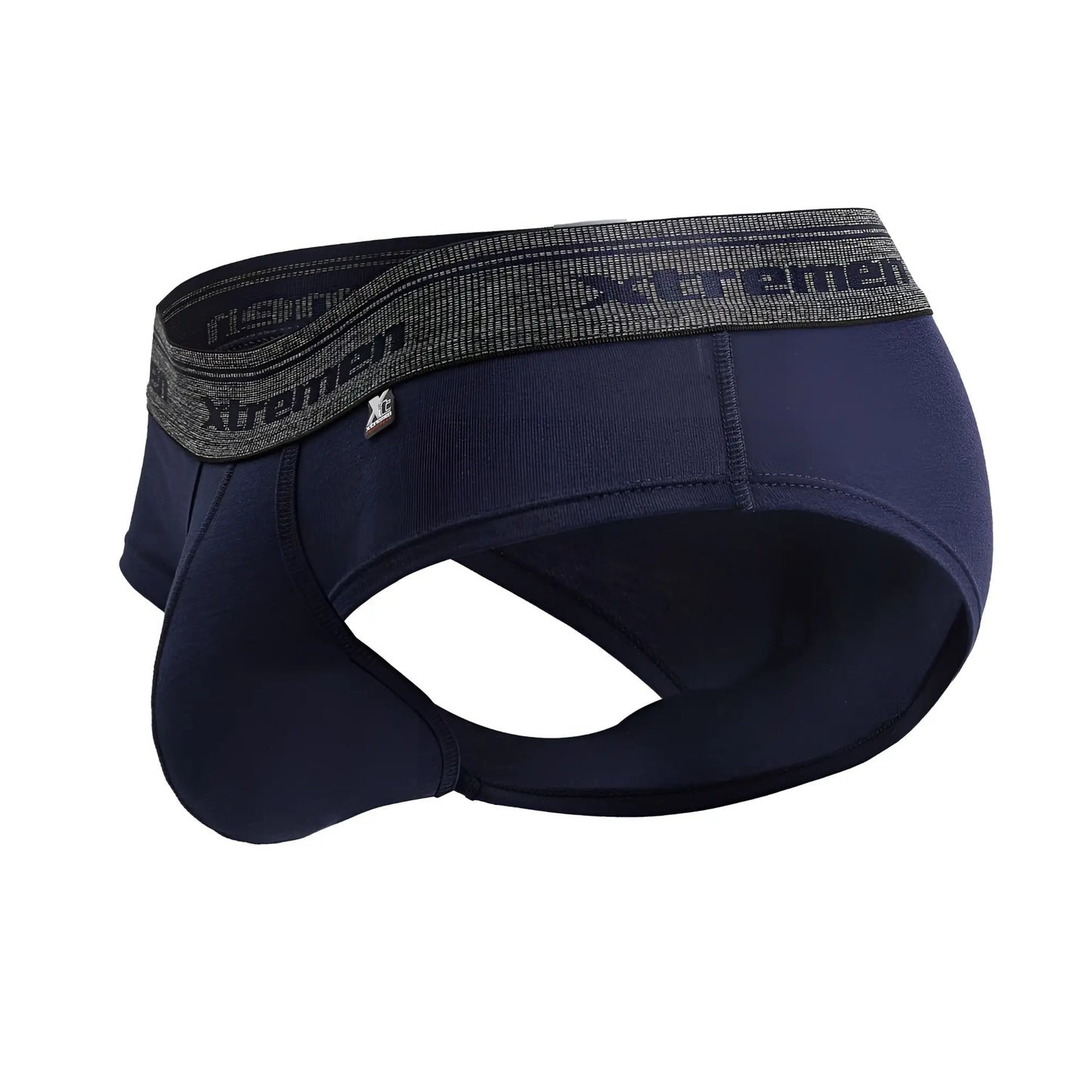 Navy blue Xtremen 41315 men’s cotton blend briefs with textured gray waistband featuring brand name and logo