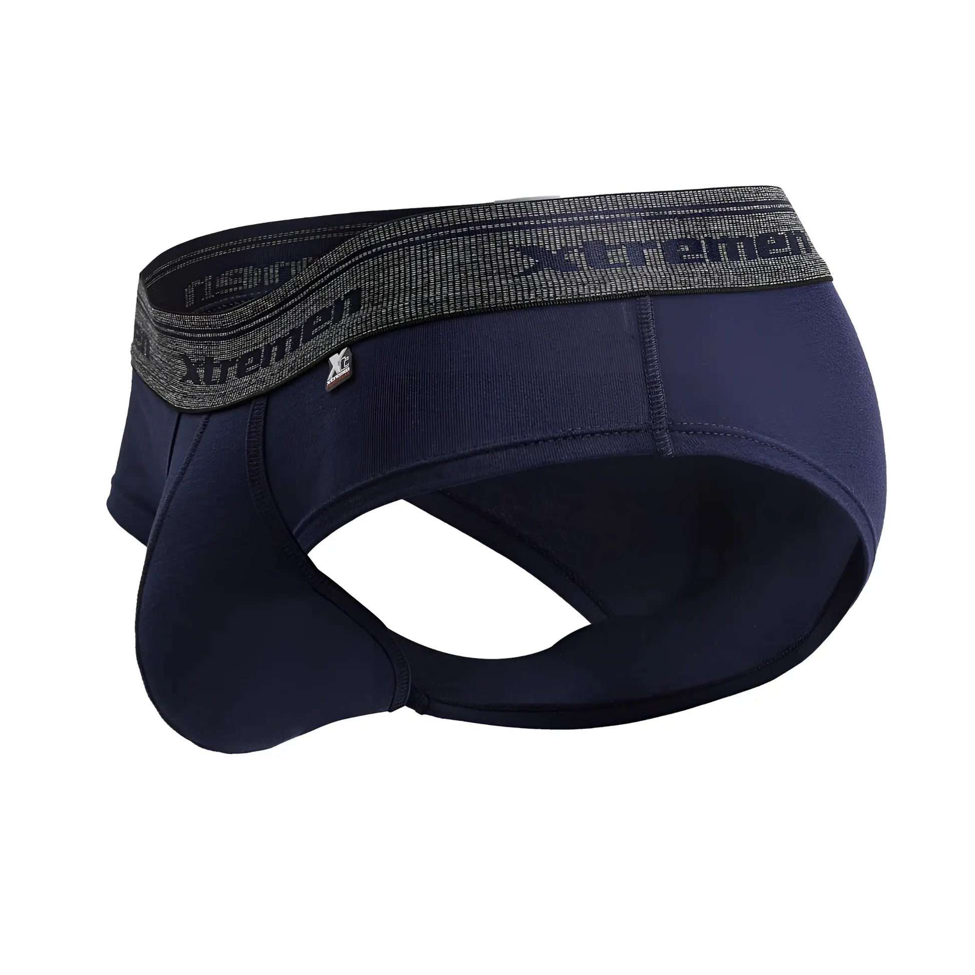 Navy blue Xtremen 41315 men’s cotton blend briefs with textured gray waistband featuring brand name and logo