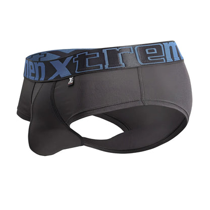 Black mens microfiber briefs gray color with blue xtreme waistband featuring brand logo for comfortable support