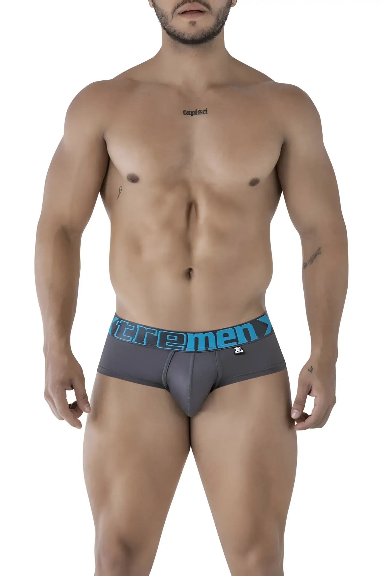 Gray Xtremen 41316 microfiber men’s briefs with blue elastic waistband featuring bold extrememen logo