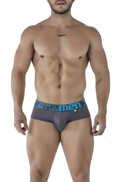 Gray Xtremen 41316 microfiber men’s briefs with blue elastic waistband featuring bold extrememen logo