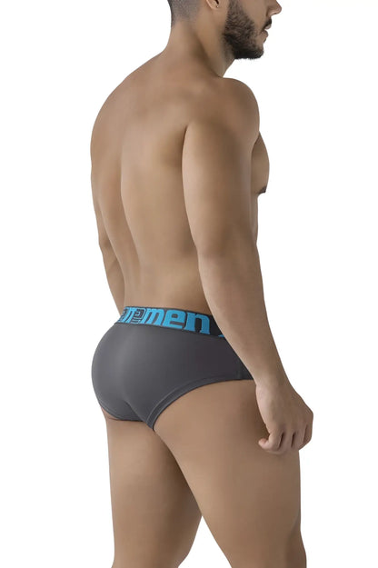 Gray xtremen 41316 microfiber men’s briefs with blue elastic waistband featuring men logo front view