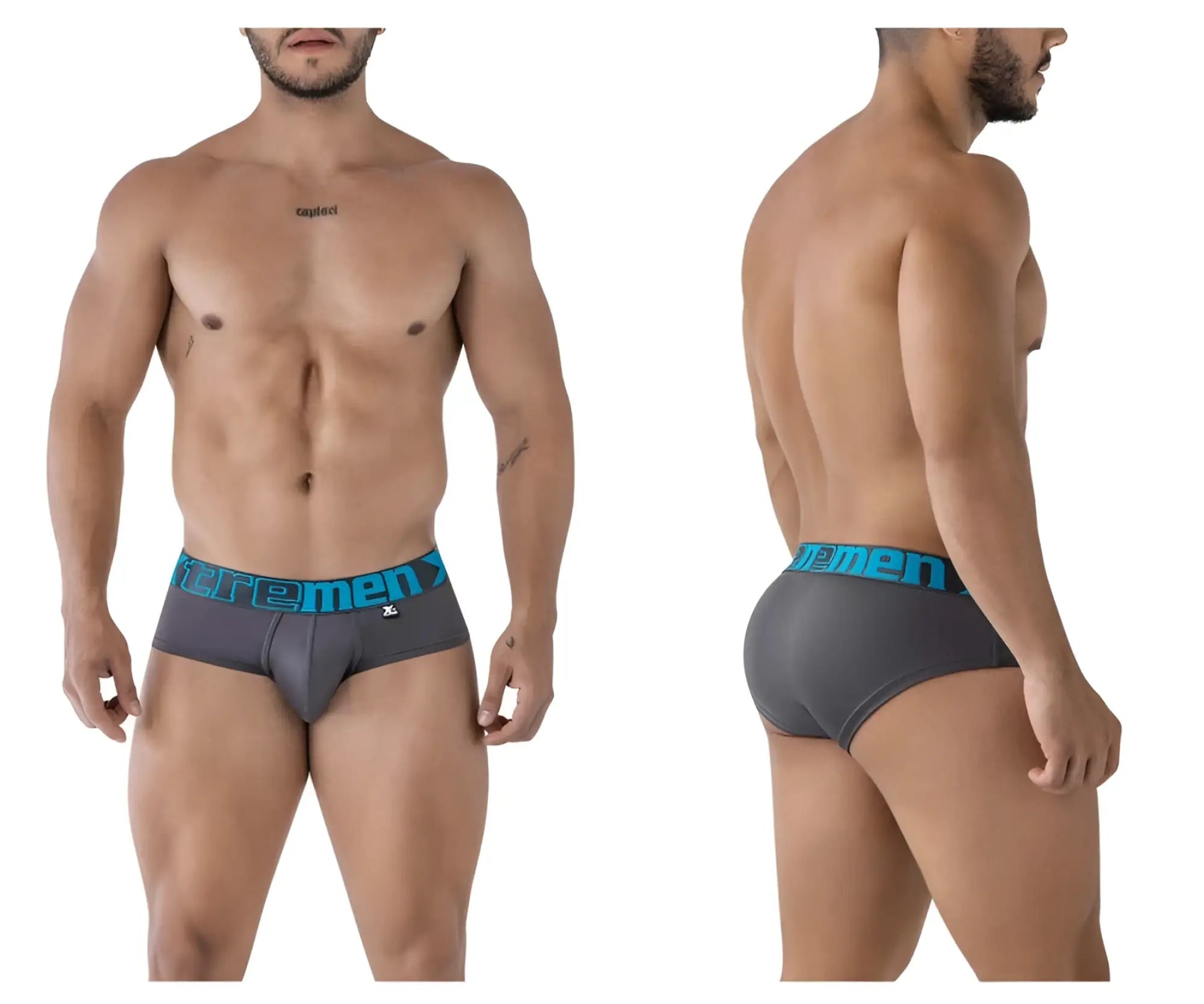 Gray xtremen 41316 microfiber men’s briefs with teal elastic waistband featuring extremen logo and brand emblem