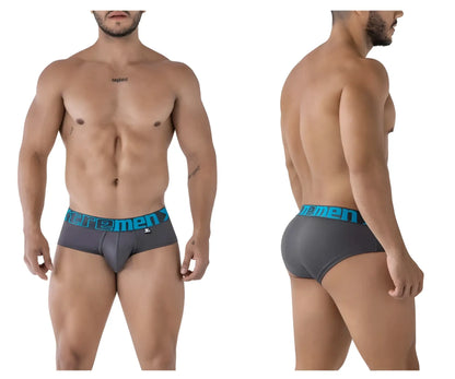 Gray xtremen 41316 microfiber men’s briefs with teal elastic waistband featuring extremen logo and brand emblem