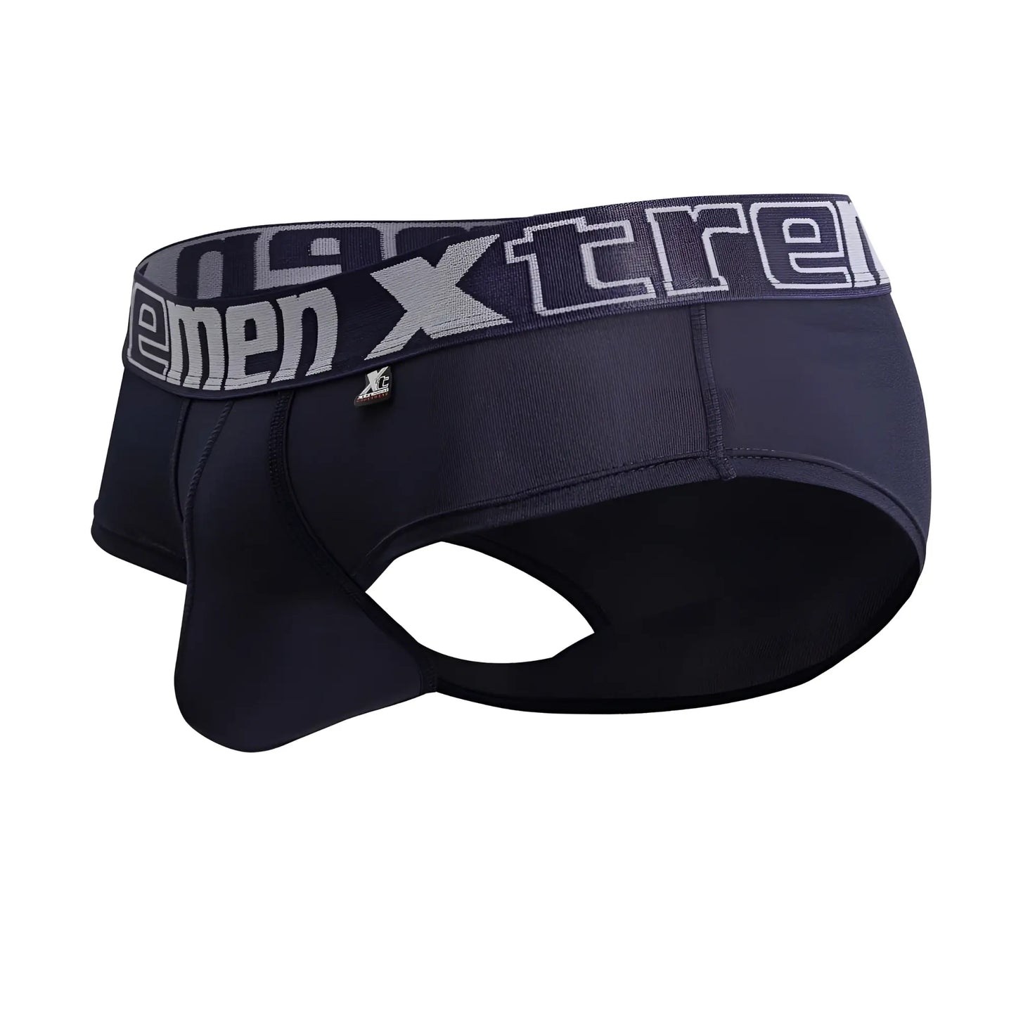 Black men’s navy microfiber briefs with gray elastic waistband featuring xtreme logo in white lettering