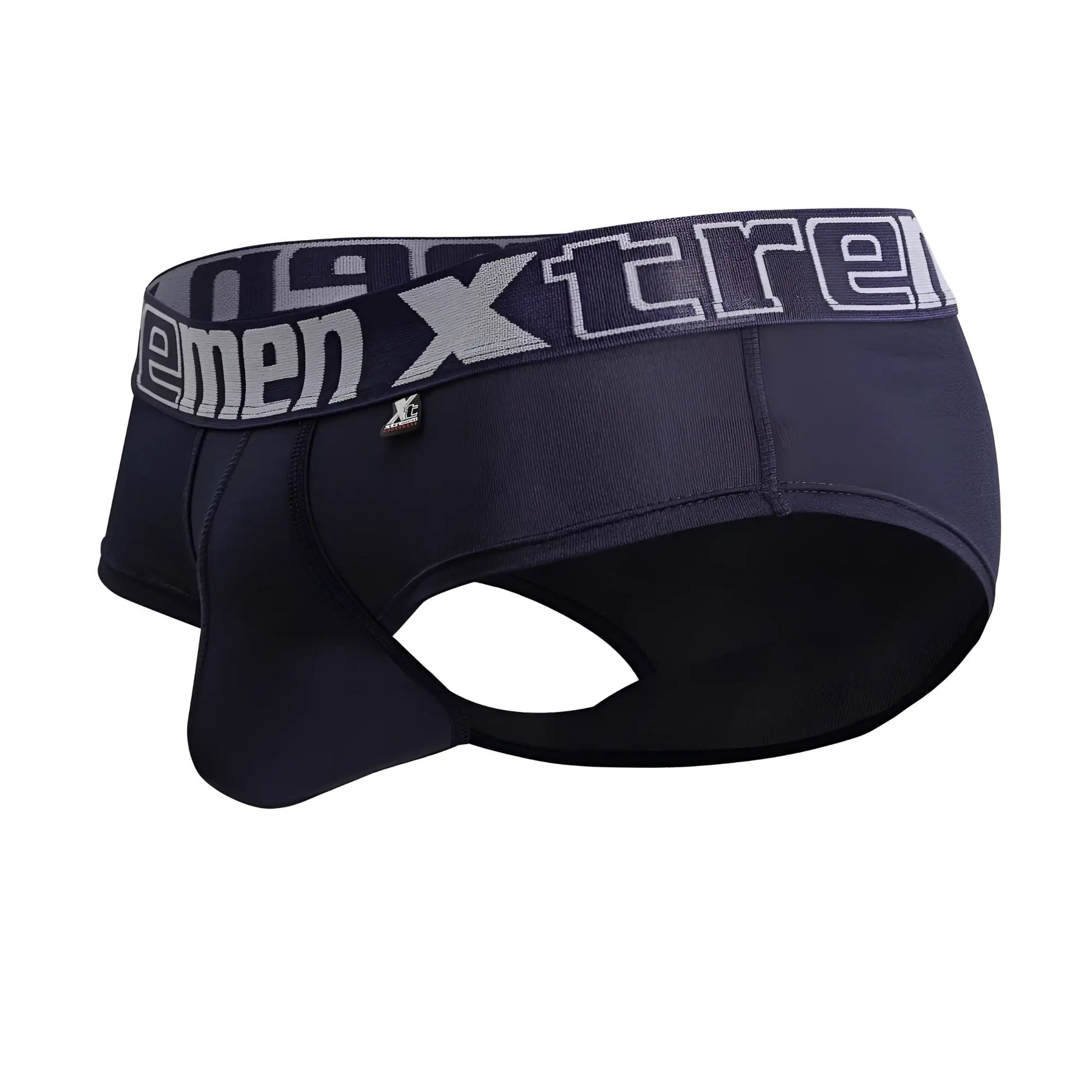 Black men’s navy microfiber briefs with gray elastic waistband featuring xtreme logo in white lettering