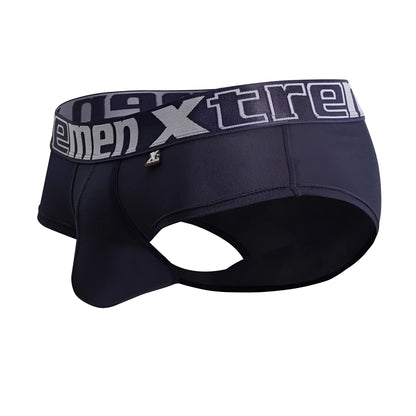Black men’s navy microfiber briefs with gray elastic waistband featuring xtreme logo in white lettering