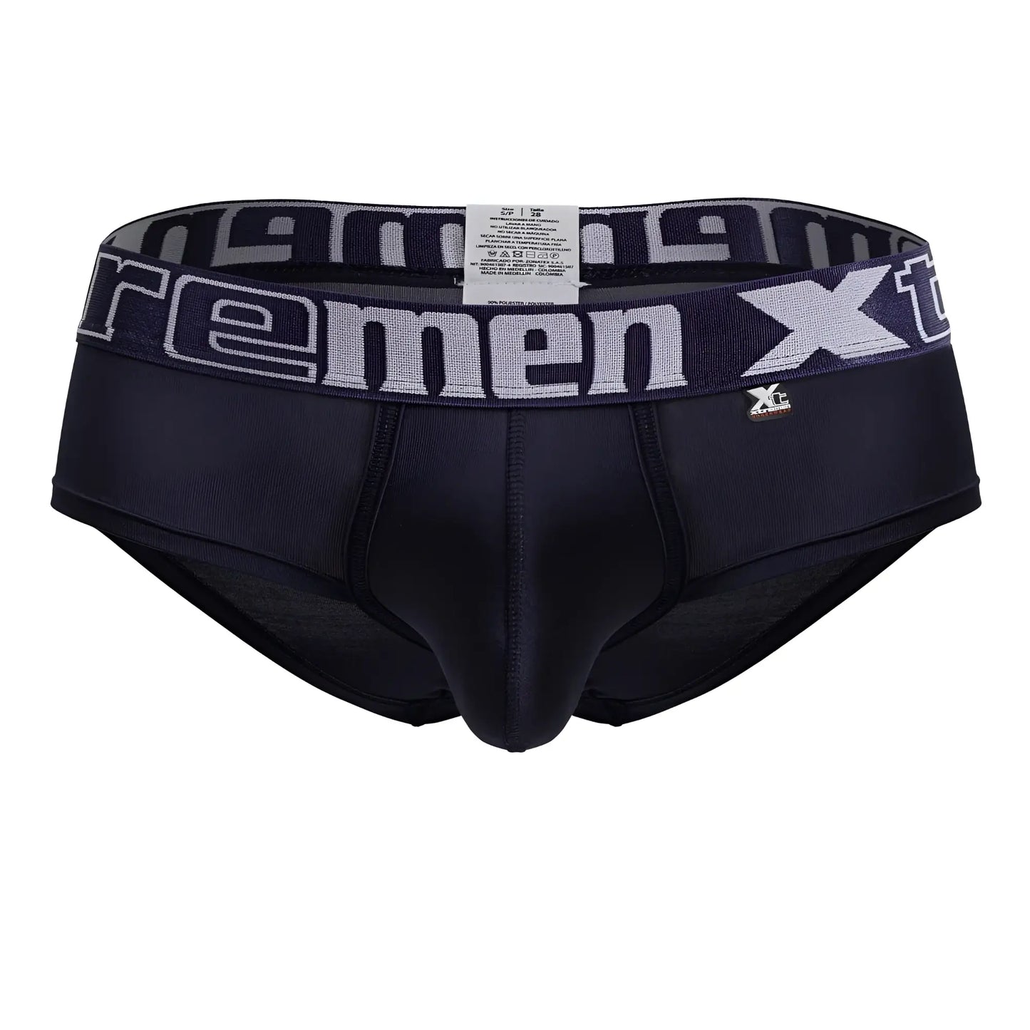 Navy xtremen 41316 microfiber briefs for men with a gray and white xtreme branded waistband front view