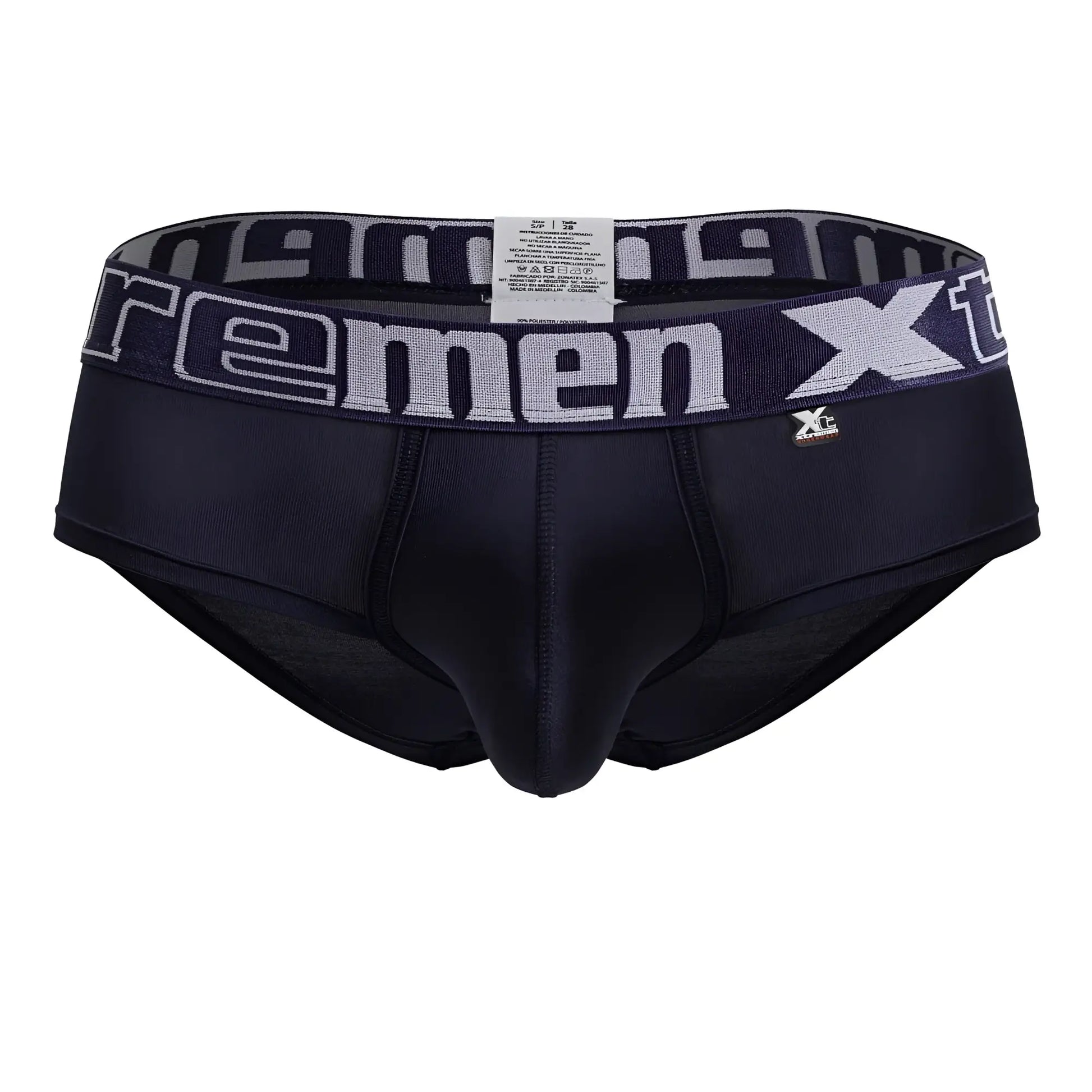 Navy xtremen 41316 microfiber briefs for men with a gray and white xtreme branded waistband front view