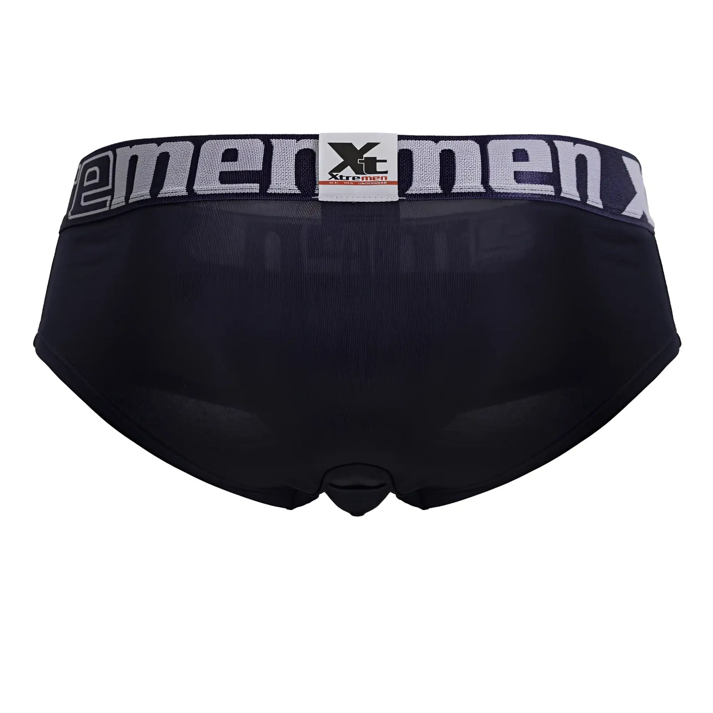 Black men’s navy microfiber briefs with a gray xtremen waistband featuring the brand logo and text
