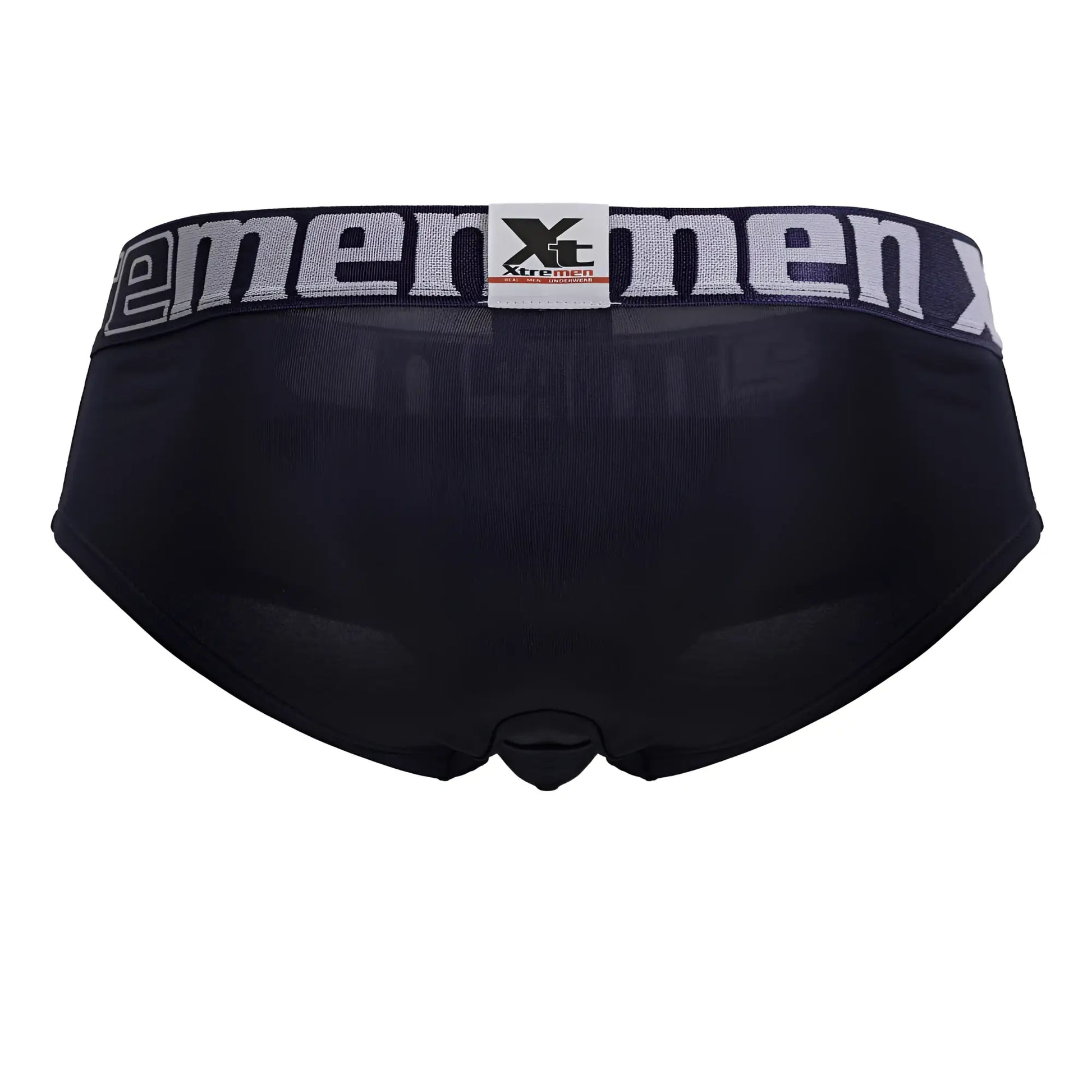 Black men’s navy microfiber briefs with a gray xtremen waistband featuring the brand logo and text