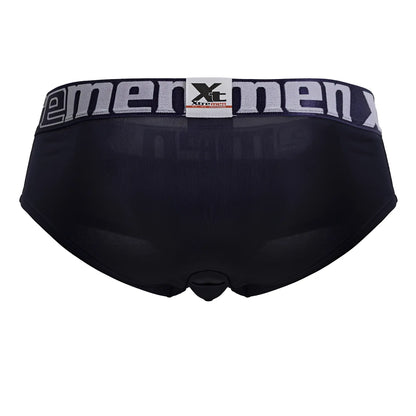 Black men’s navy microfiber briefs with a gray xtremen waistband featuring the brand logo and text