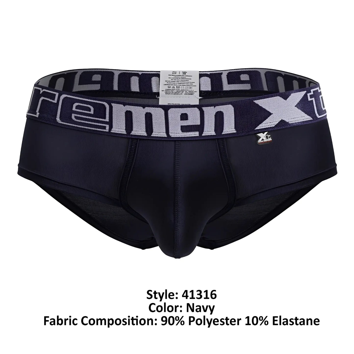Navy xtremen 41316 microfiber men’s briefs with gray and white xtreme logo waistband front view