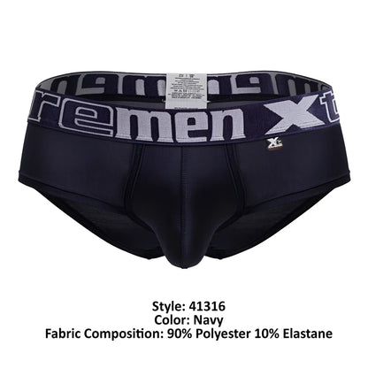 Navy xtremen 41316 microfiber men’s briefs with gray and white xtreme logo waistband front view
