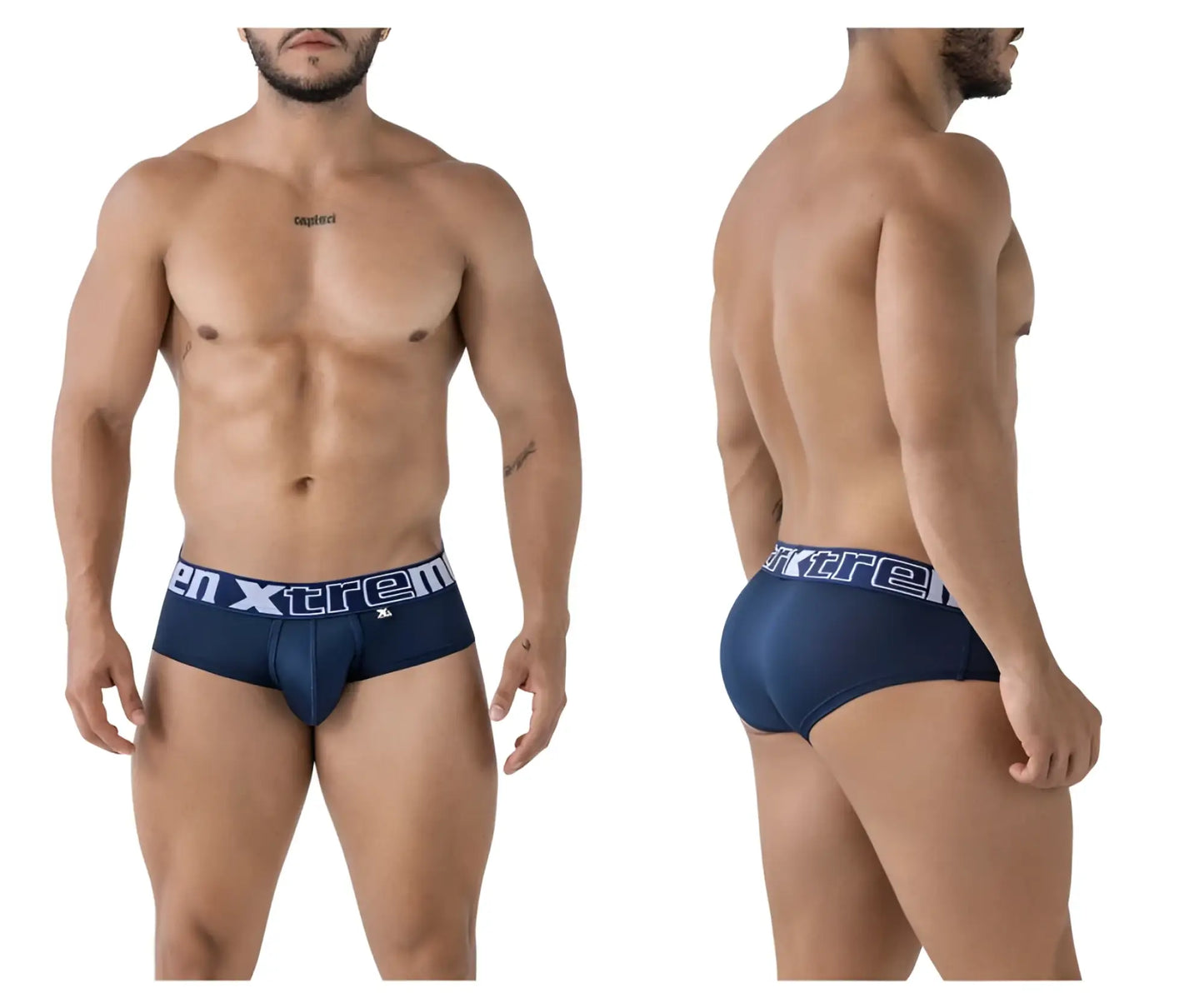 Navy xtremen 41316 microfiber men’s briefs with white xtrem branding on the waistband front view