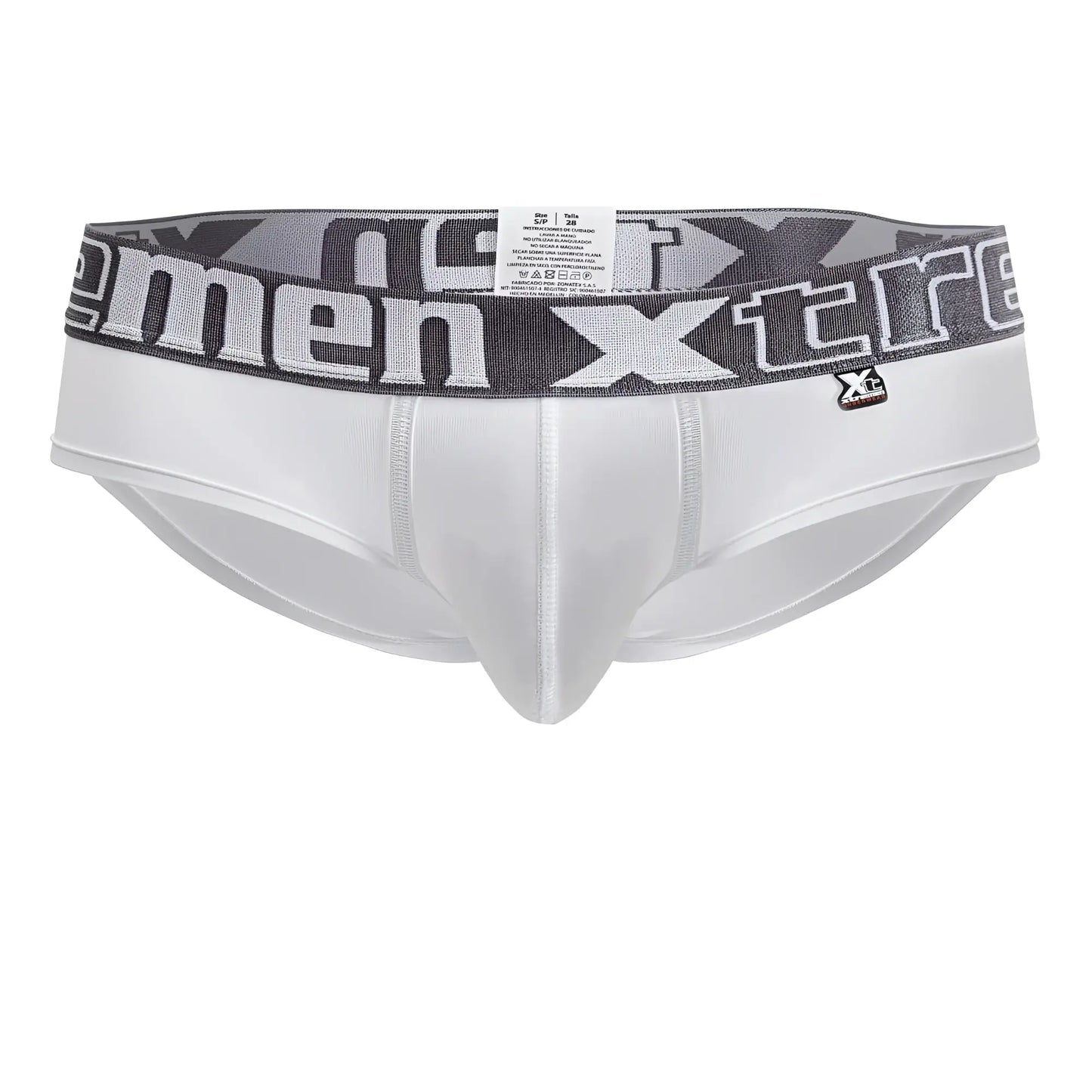 White xtremen 41316 microfiber men’s briefs with gray and black patterned waistband featuring xtreme logo