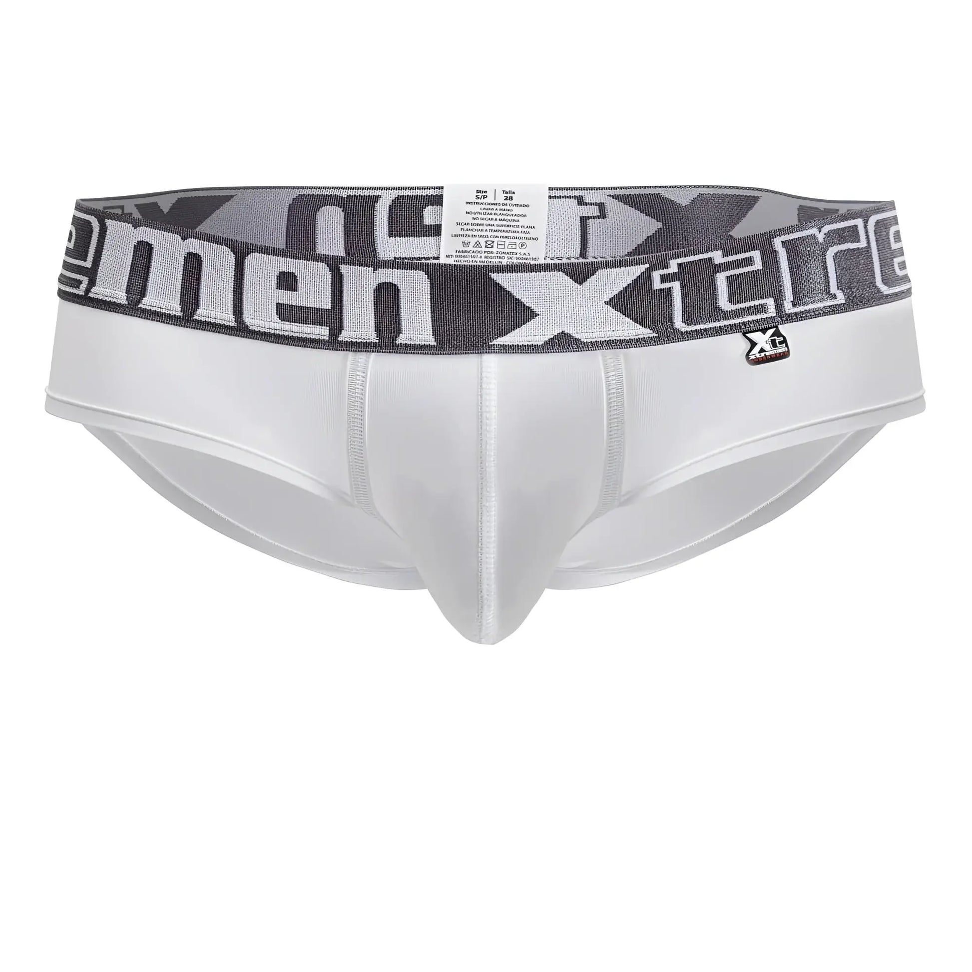 White xtremen 41316 microfiber men’s briefs with gray and black patterned waistband featuring xtreme logo