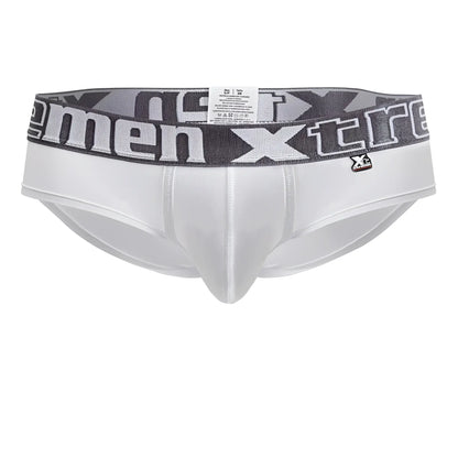 White xtremen 41316 microfiber men’s briefs with gray and black patterned waistband featuring xtreme logo