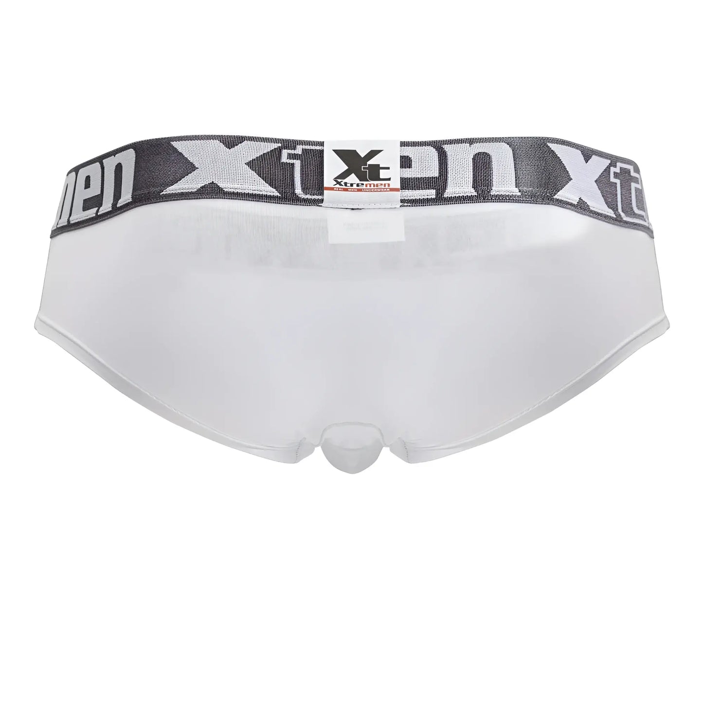 White xtremen 41316 microfiber men’s briefs with gray elastic waistband featuring black and white logo lettering